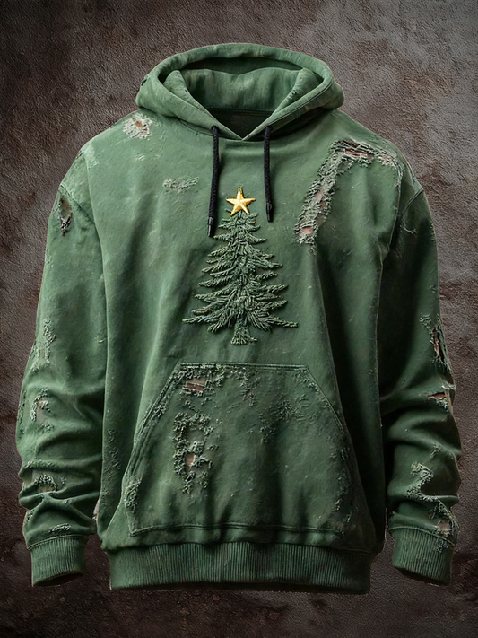Vintage des hommes de Noël arbre Art Print Casual surdimensionné Drop-épaule Hoodie avec poches
