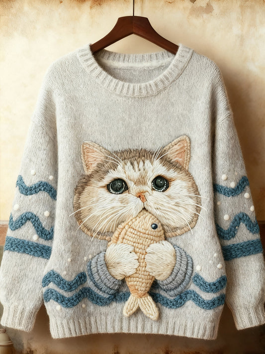 Sweat-shirt mignon d'art de chat d'hiver des femmes
