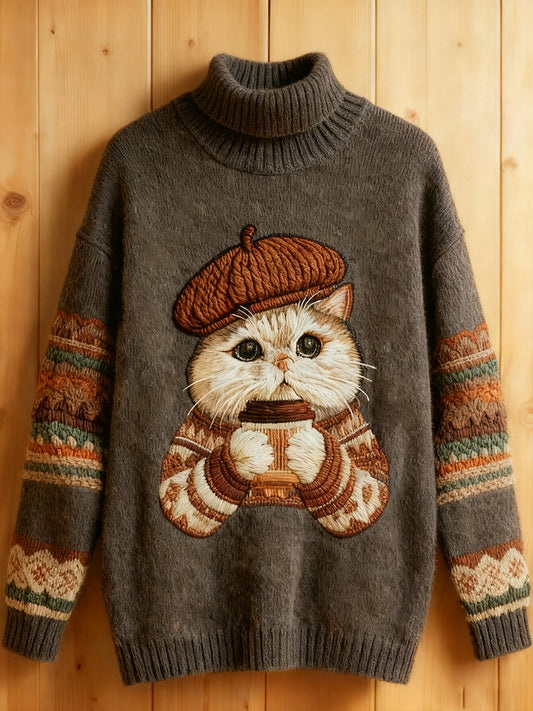 Sweat-shirt mignon d'art de chat d'hiver des femmes