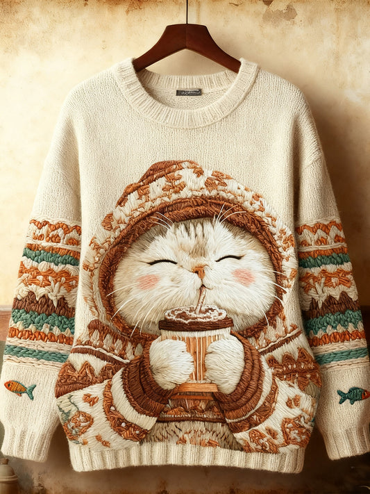 Sweat-shirt mignon d'art de chat d'hiver des femmes