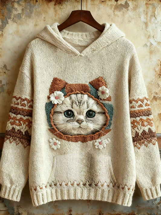 Sweat-shirt mignon d'art de chat d'hiver des femmes