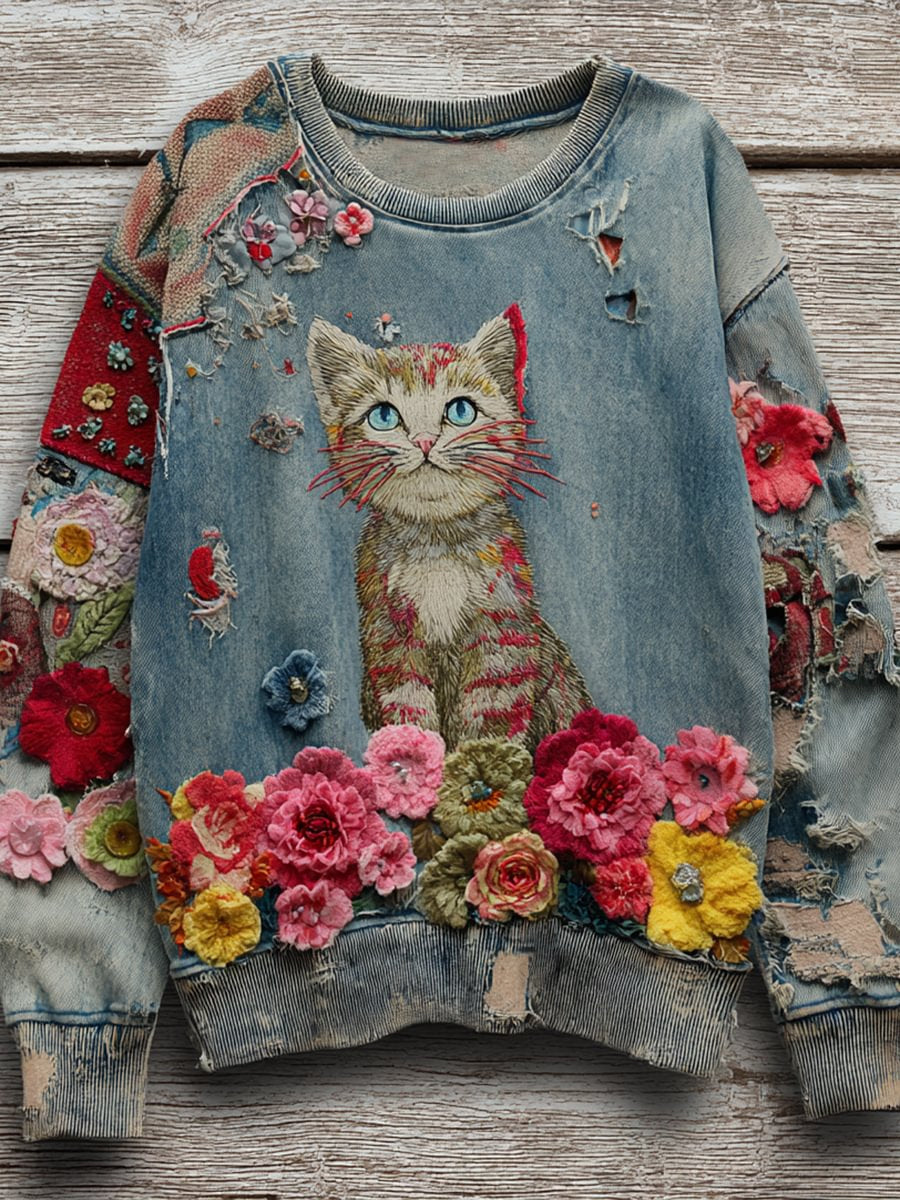 Vintage Patchwork Fleur Chat Art Imprimer Sweatshirt des femmes