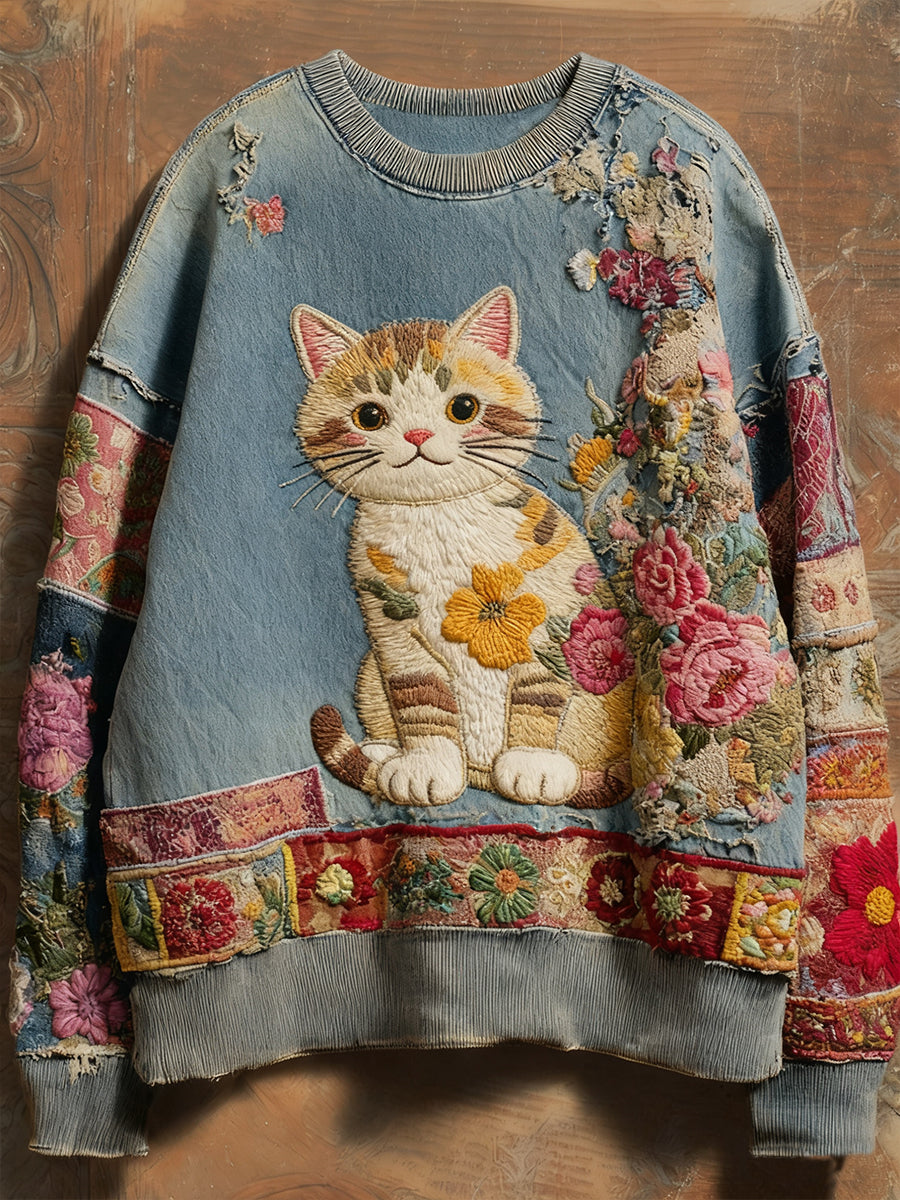 Vintage Patchwork Fleur Chat Art Imprimer Sweatshirt des femmes
