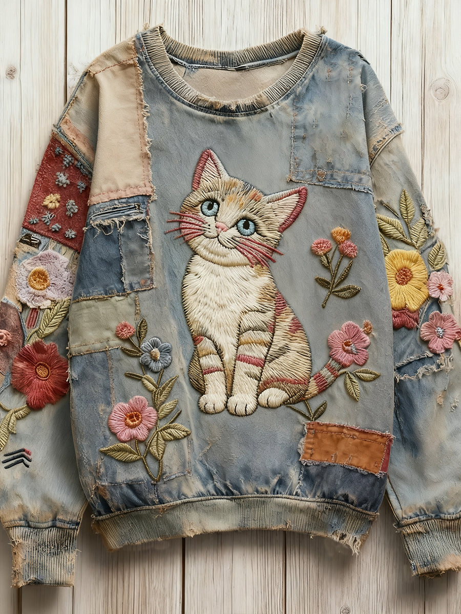 Vintage Patchwork Fleur Chat Art Imprimer Sweatshirt des femmes