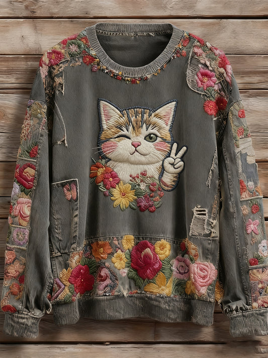Vintage Patchwork Fleur Chat Art Imprimer Sweatshirt des femmes
