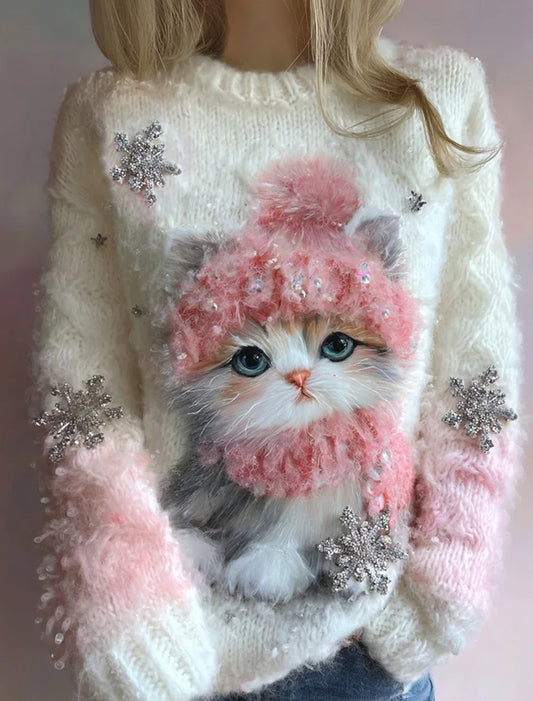 Pull Cozy Vintage à Imprimé Art de Noël pour Femme