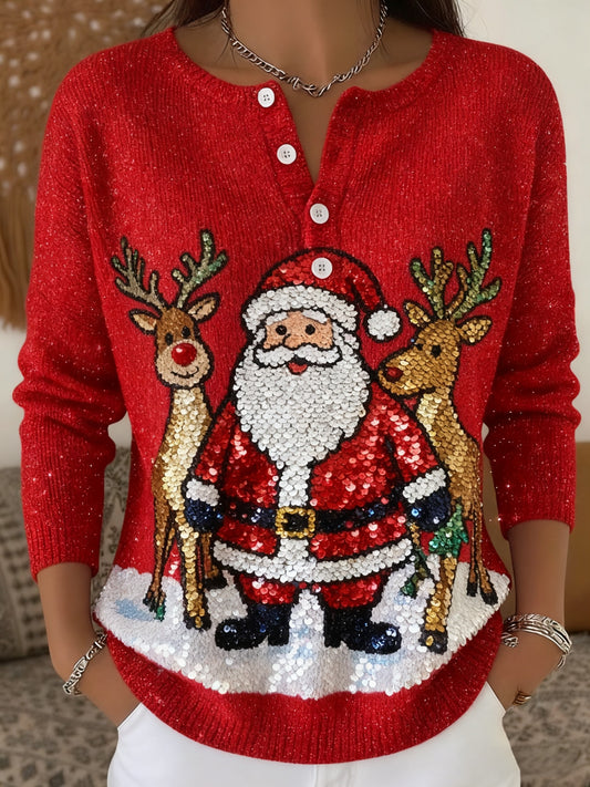 Femmes Shiny Christmas Print Henley Neck Couleur Pull Top