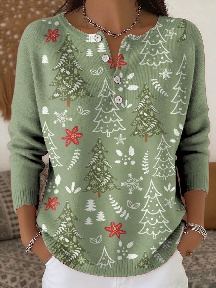 Arbre de Noël des femmes Art Imprimer boutonné Cardigan Pull