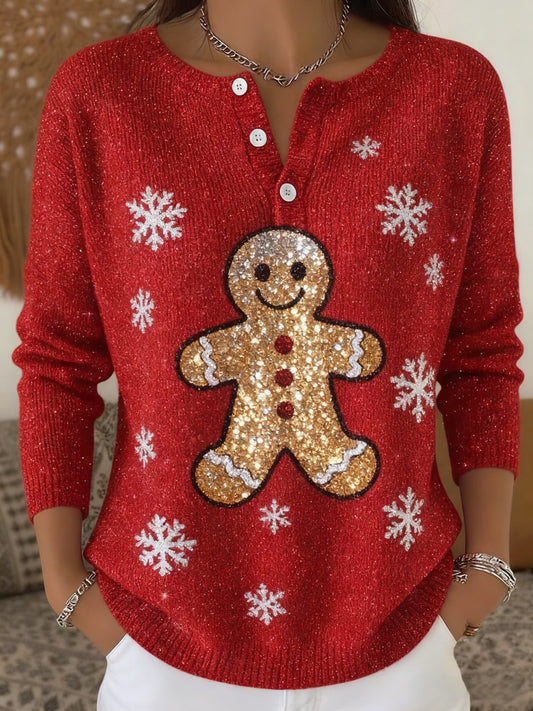 Femmes Shiny Christmas Print Henley Neck Couleur Pull Top