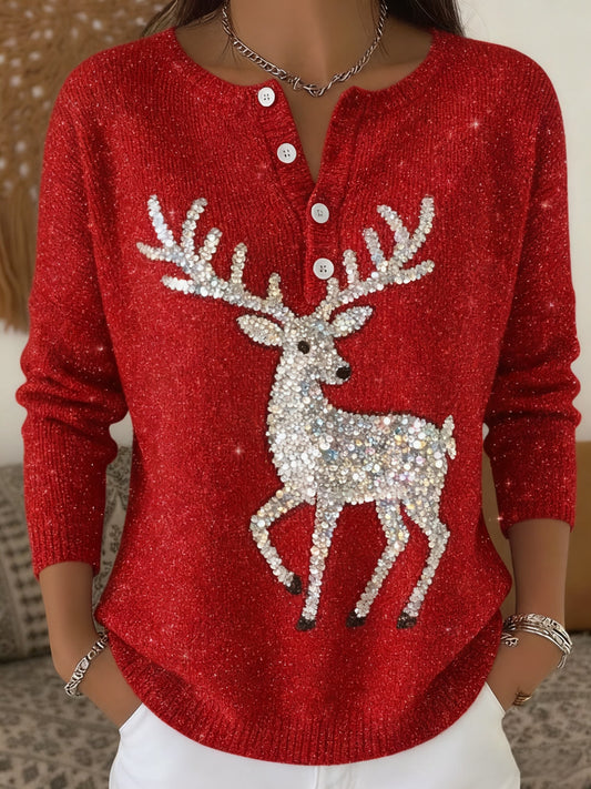 Femmes Shiny Christmas Print Henley Neck Couleur Pull Top