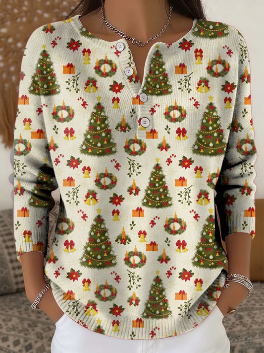 Arbre de Noël des femmes Art Imprimer boutonné Cardigan Pull