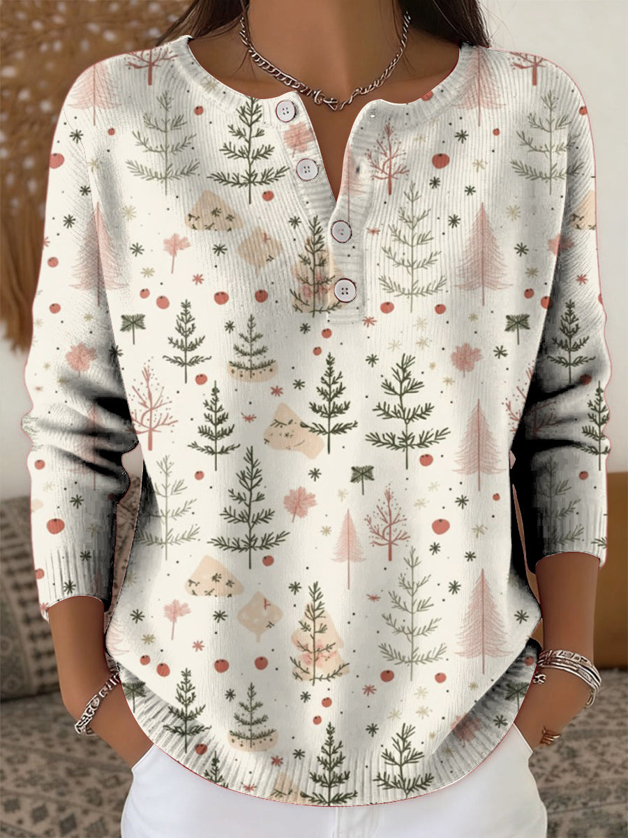 Arbre de Noël des femmes Art Imprimer boutonné Cardigan Pull