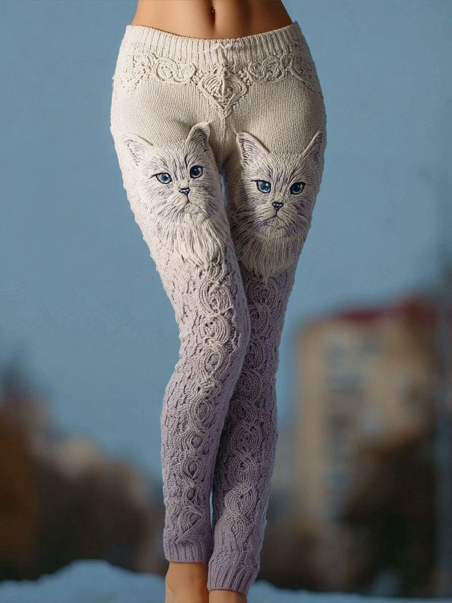 Leggings confortables en tricot d'art de chat vintage pour femmes