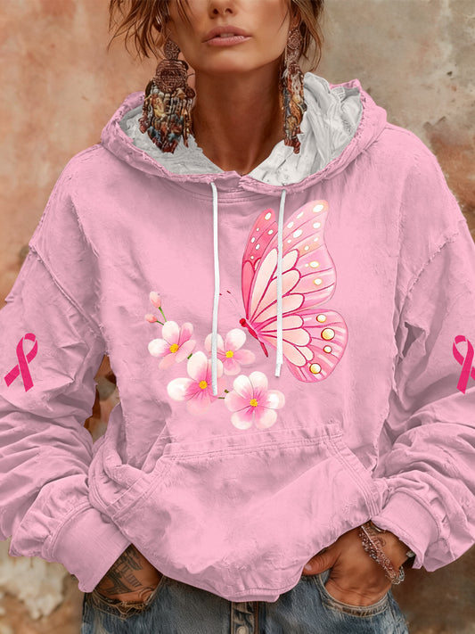 Sweat à Capuche Décontracté Femme Rose Cancer Du Sein Imprimé