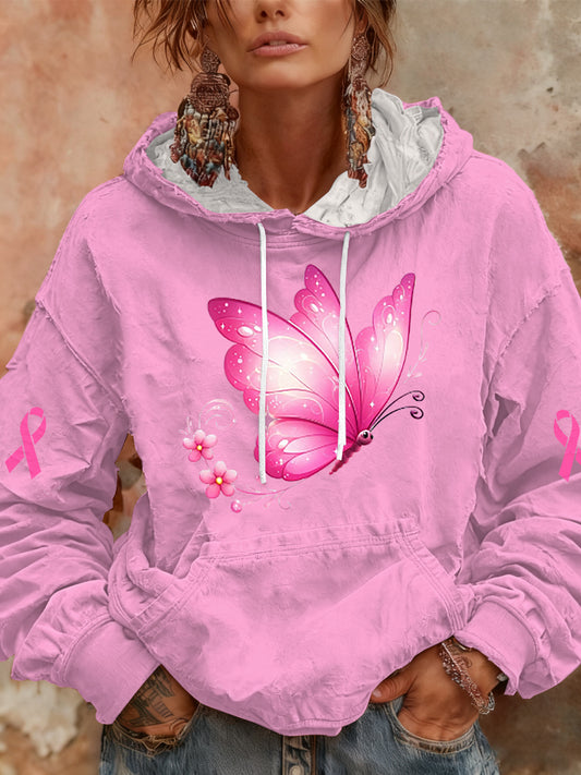 Sweat à Capuche Décontracté Femme Rose Cancer Du Sein Imprimé