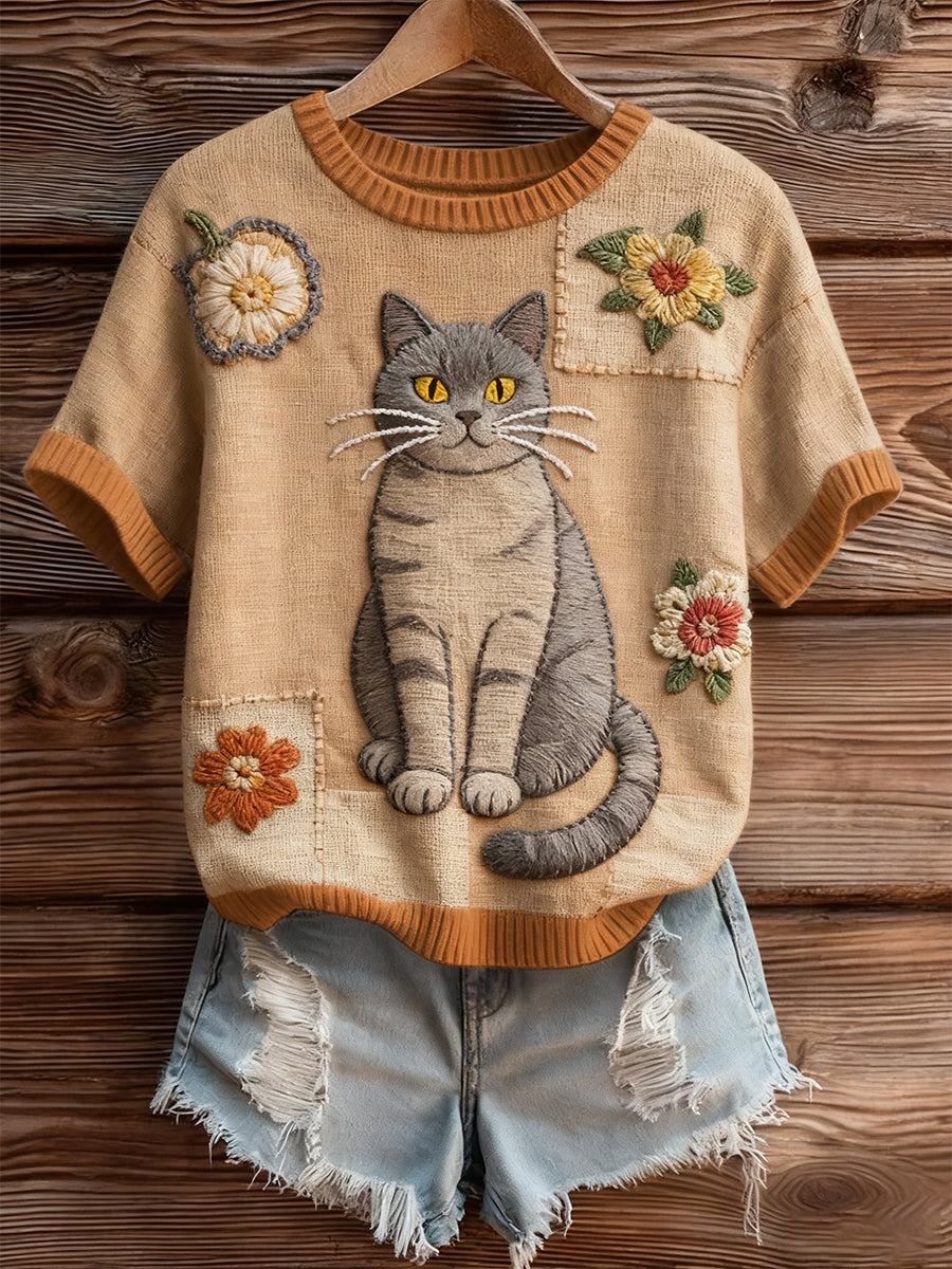 Top à manches courtes en tricot confortable imprimé animal artistique pour femmes