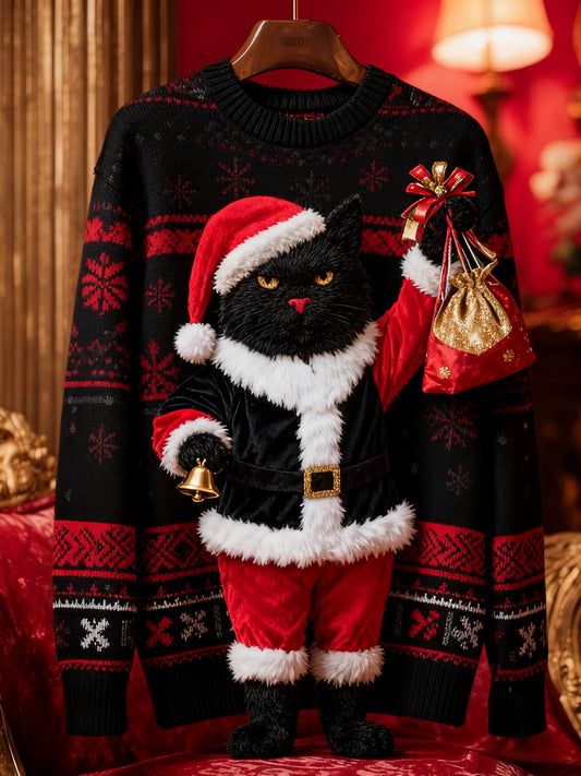 Pull en tricot vintage chat noir de Noël pour femme