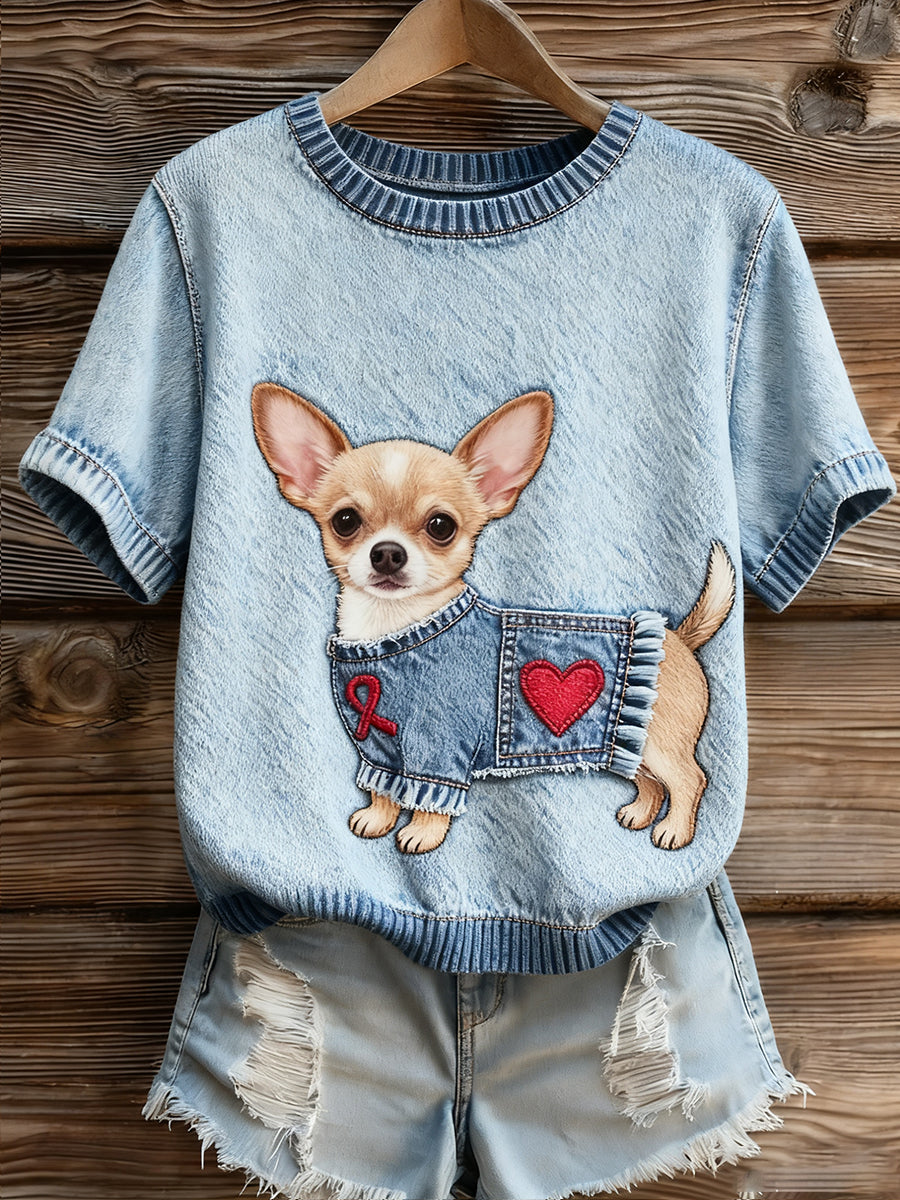 Top à manches courtes en tricot confortable imprimé animal artistique pour femmes