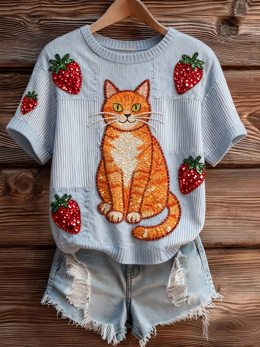 Top à manches courtes en tricot confortable imprimé animal artistique pour femmes