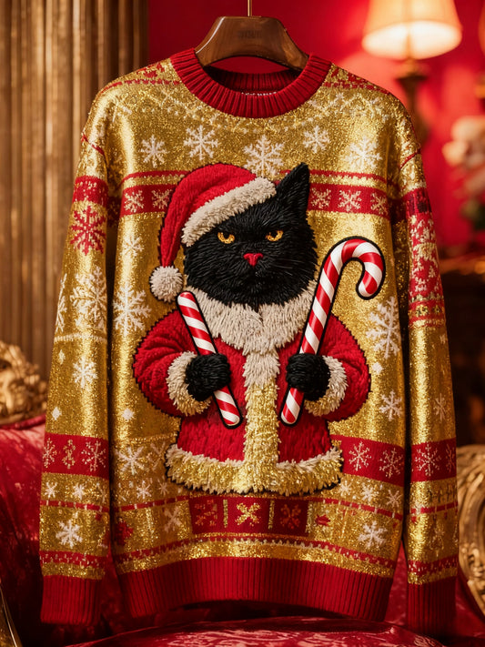 Pull en tricot vintage chat noir de Noël pour femme