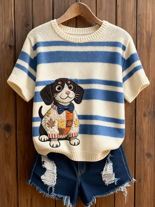 Top à manches courtes en tricot confortable imprimé animal artistique pour femmes