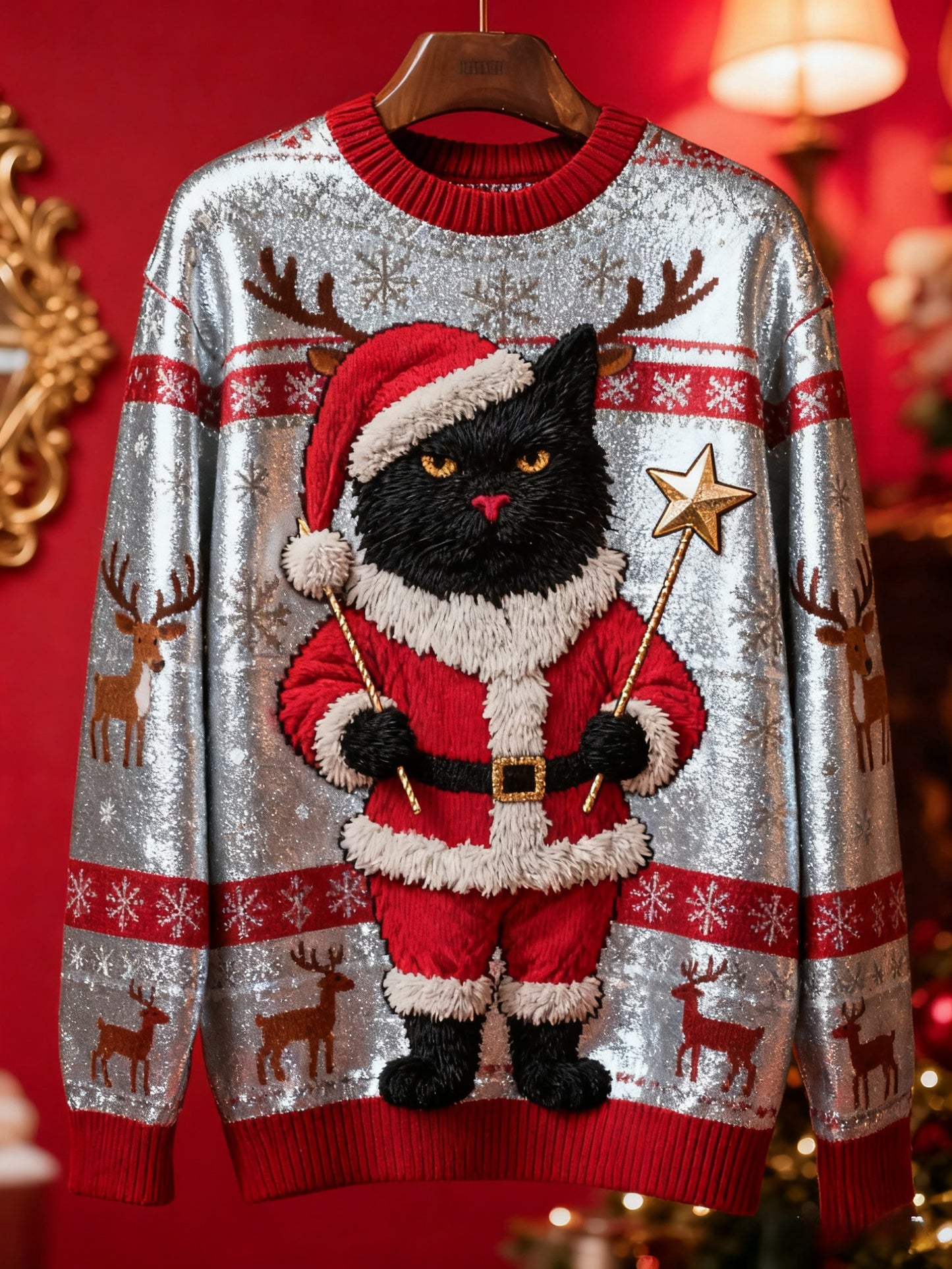 Pull en tricot vintage chat noir de Noël pour femme