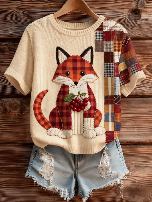 Top à manches courtes en tricot confortable imprimé animal artistique pour femmes