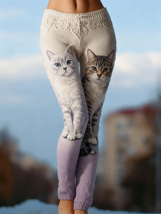 Leggings confortables en tricot d'art de chat vintage pour femmes