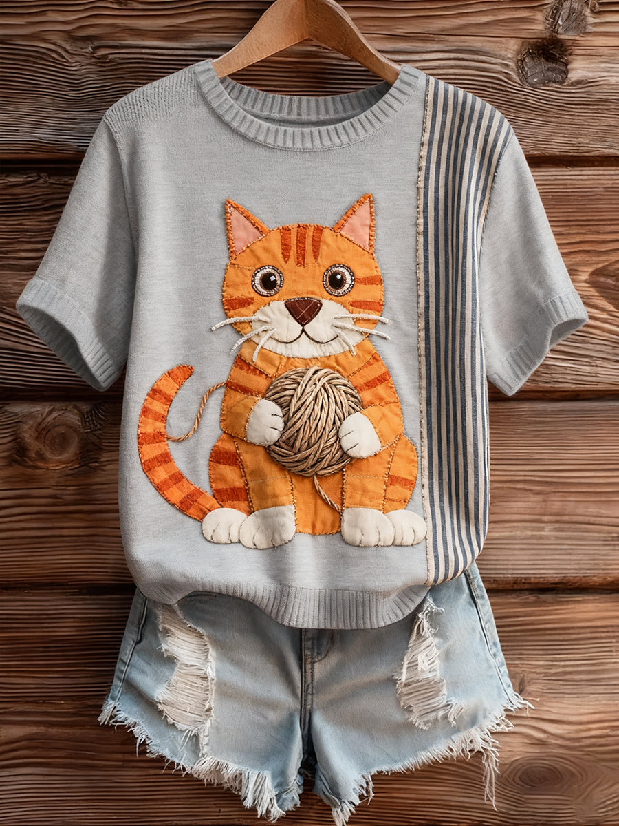 Top à manches courtes en tricot confortable imprimé animal artistique pour femmes