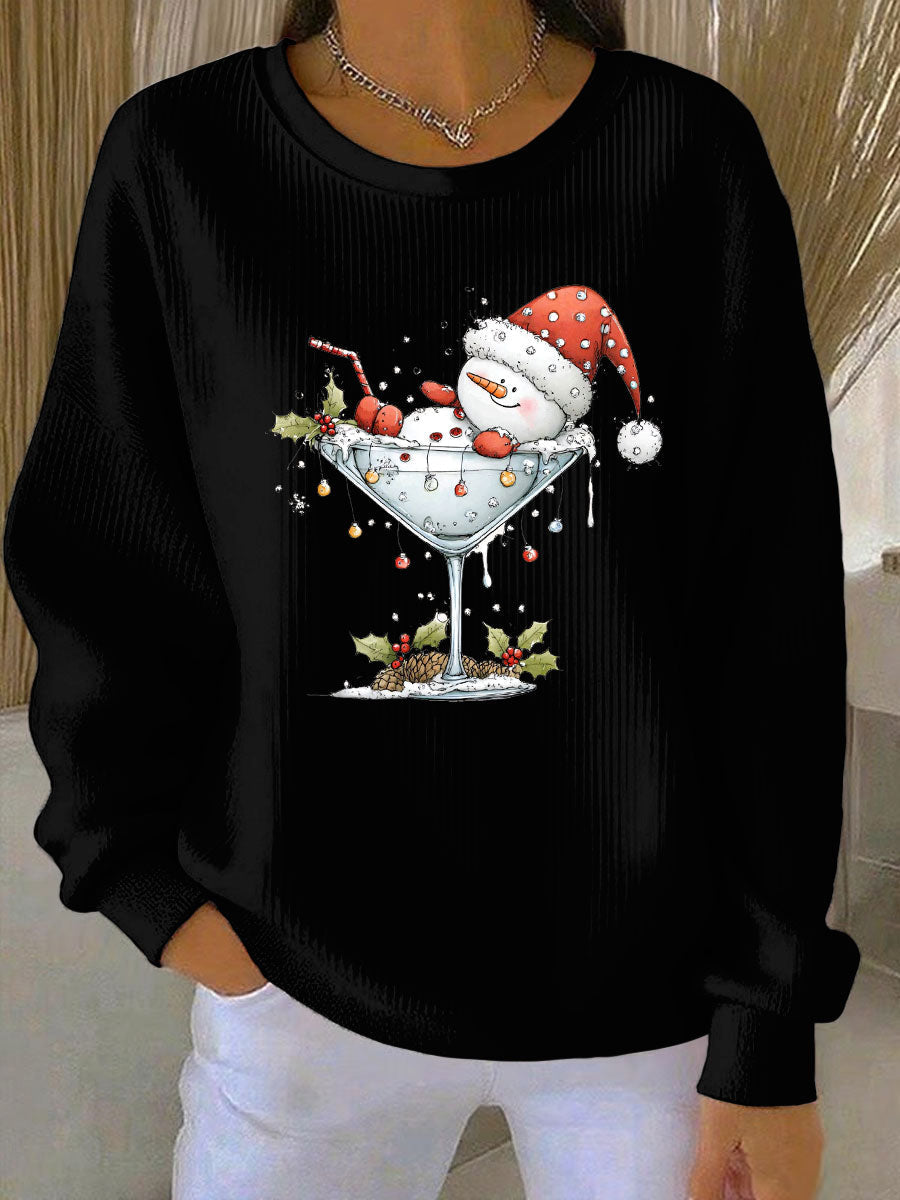 Sweat-shirt Femme Imprimé Bonhomme de Neige de Noël Côtelé Col Rond