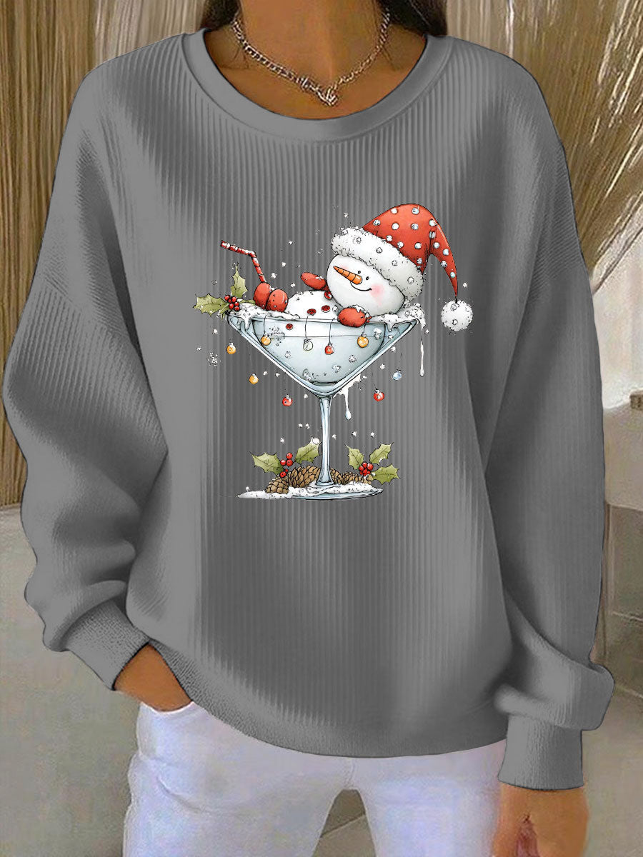 Sweat-shirt Femme Imprimé Bonhomme de Neige de Noël Côtelé Col Rond