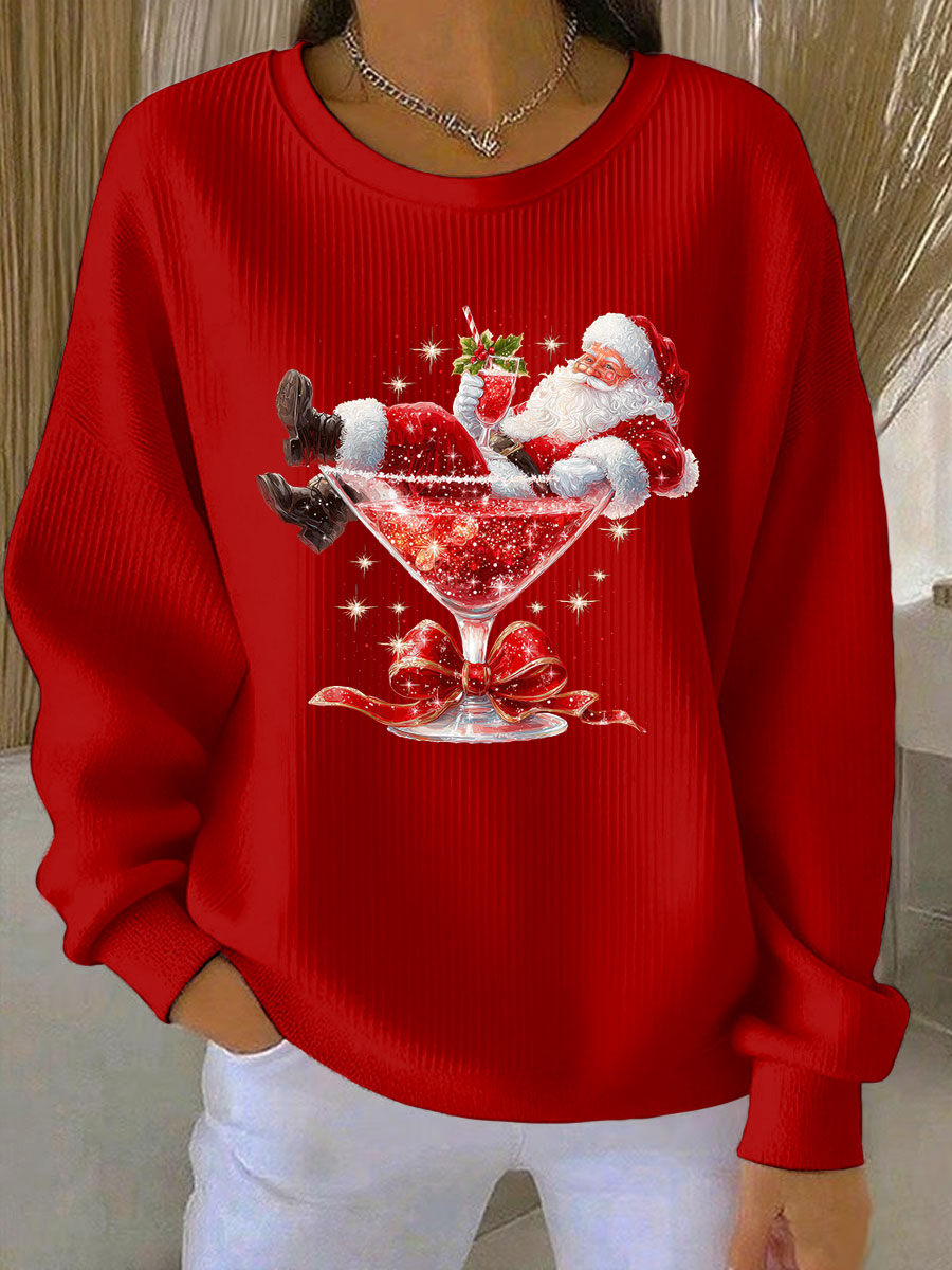 Sweat-shirt Femme Côtelé Imprimé Père Noël à Col Rond