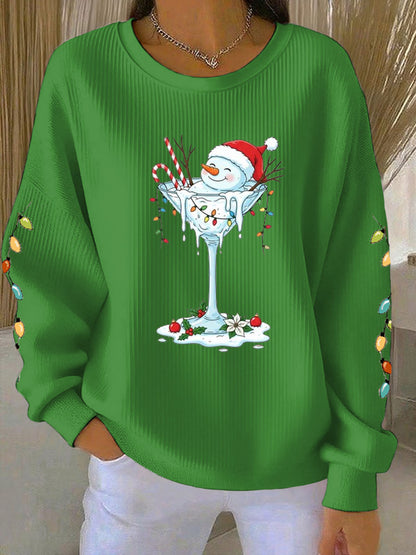 Sweat-shirt Femme Imprimé Bonhomme de Neige de Noël Côtelé Col Rond