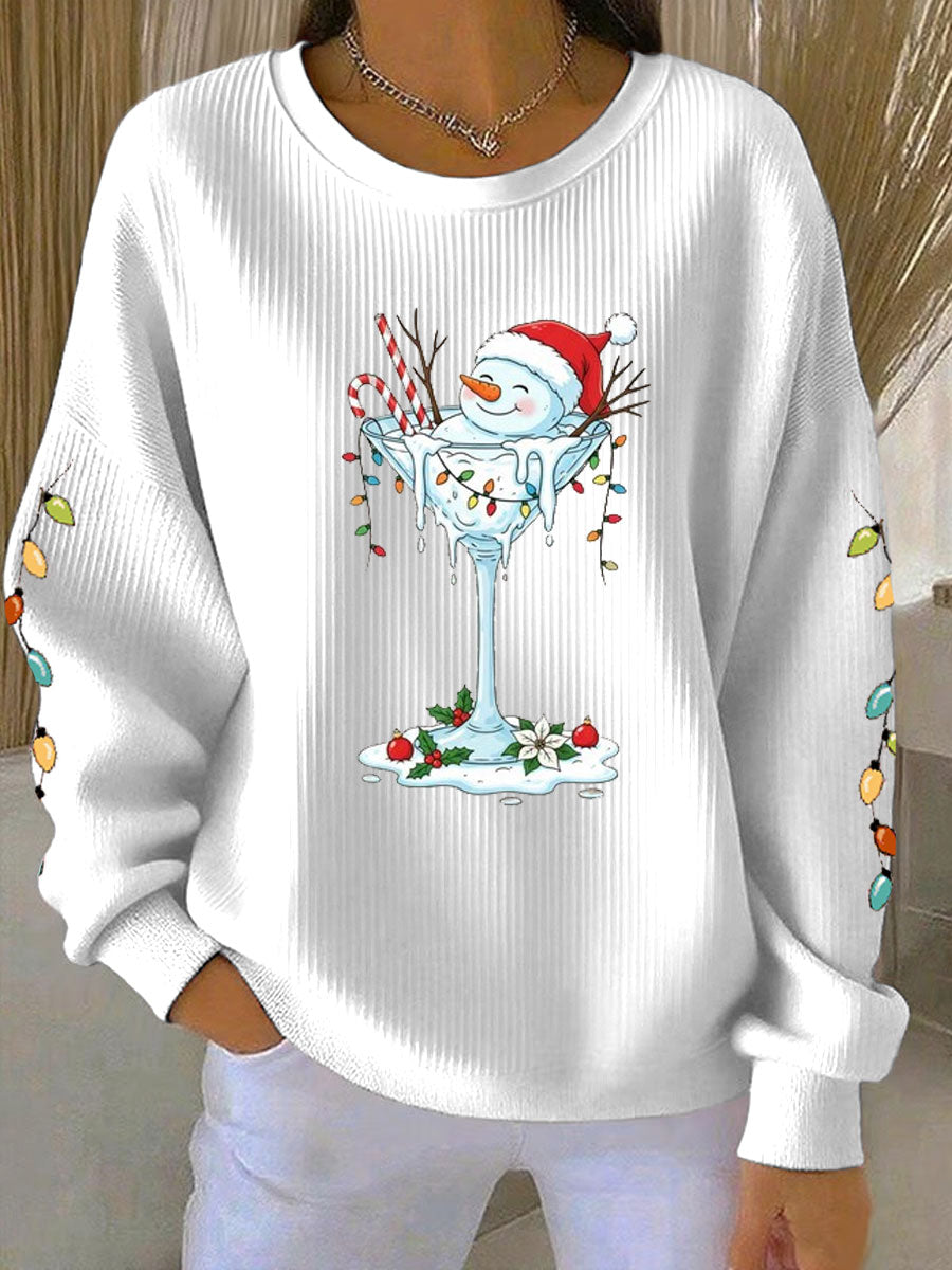 Sweat-shirt Femme Imprimé Bonhomme de Neige de Noël Côtelé Col Rond