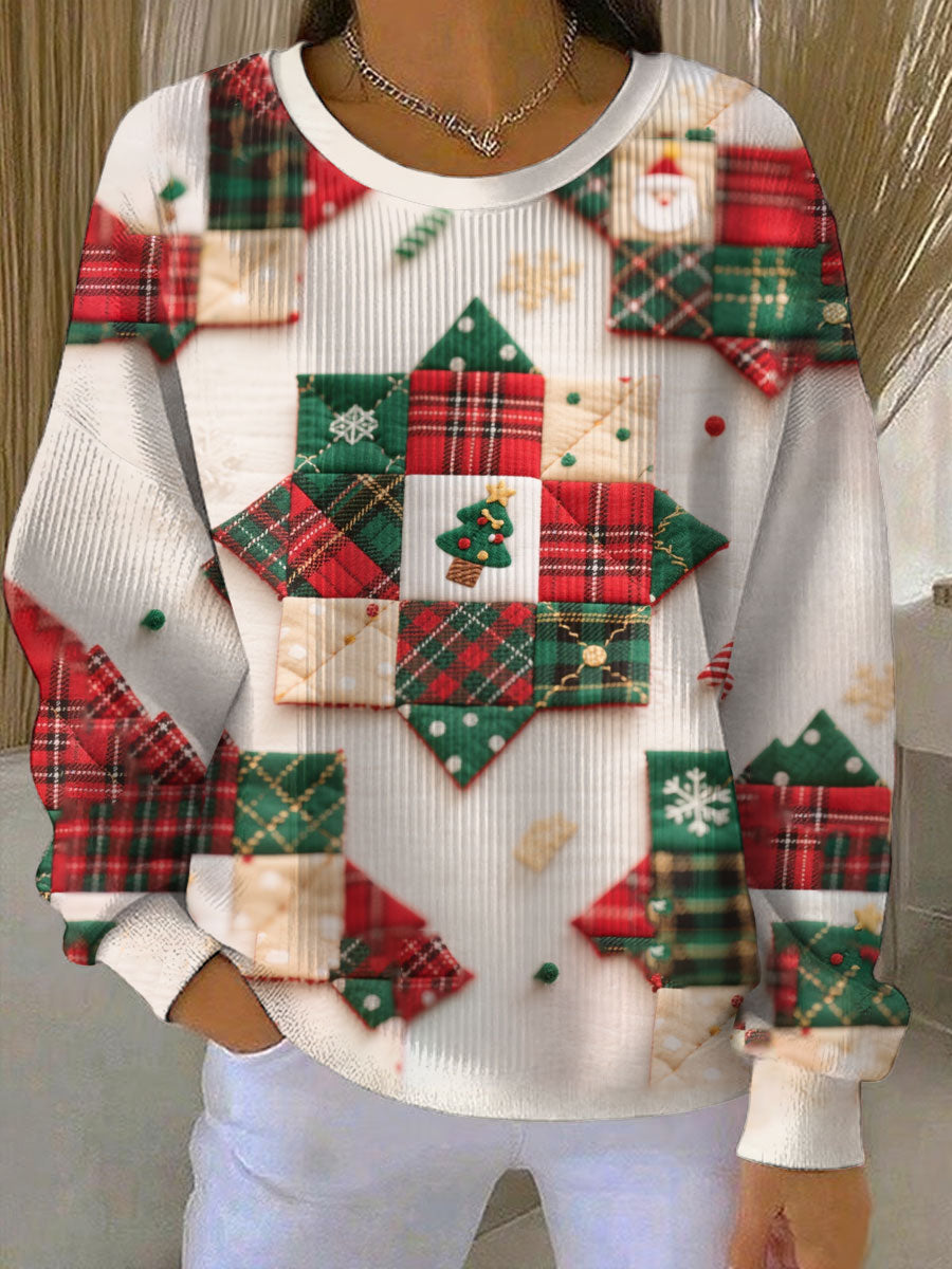 Sweat-shirt Femme Côtelé Imprimé Patchwork de Noël Col Rond