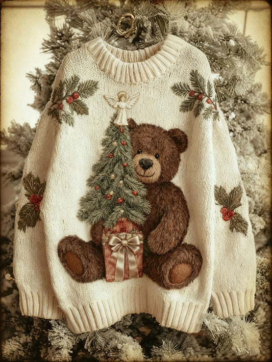 Pull en tricot pour femme Vintage Christmas Bear Tree