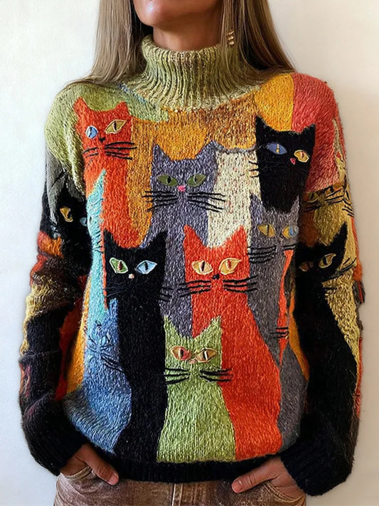 Vintage coloré chats bondés Art confortable pull des femmes