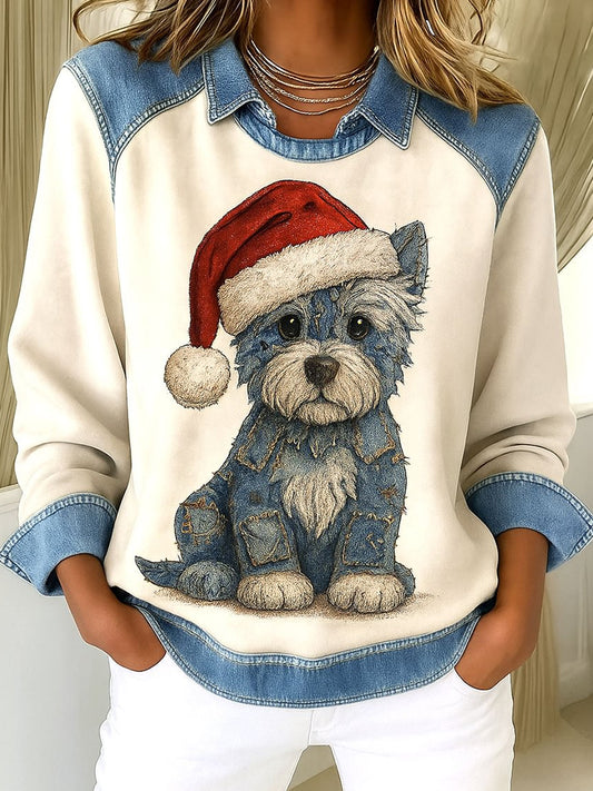 Sweat-shirt décontracté patchwork imprimé chien de Noël pour femmes