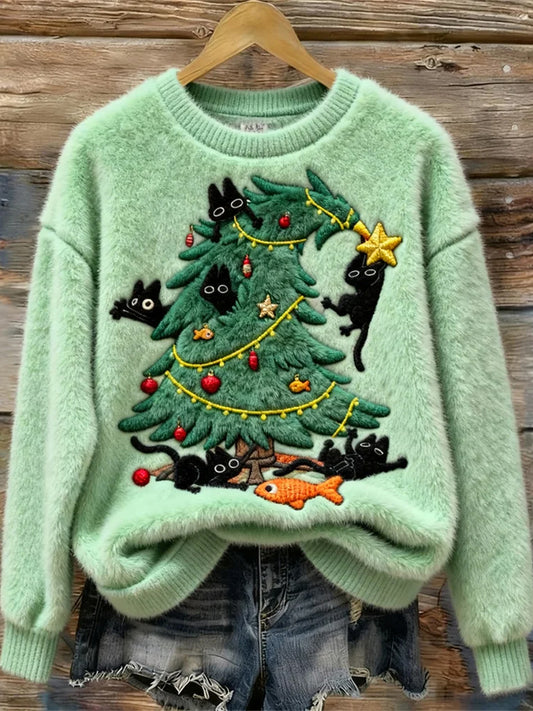 Arbre de Noël des femmes de Noël mignon chats ludiques flanelle Sweatshirt