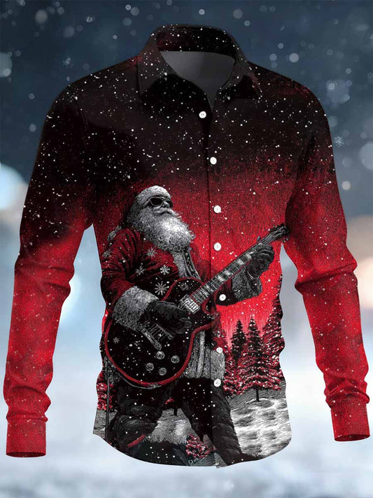 Retro Rock Christmas Santa Print Chemise décontractée à manches longues