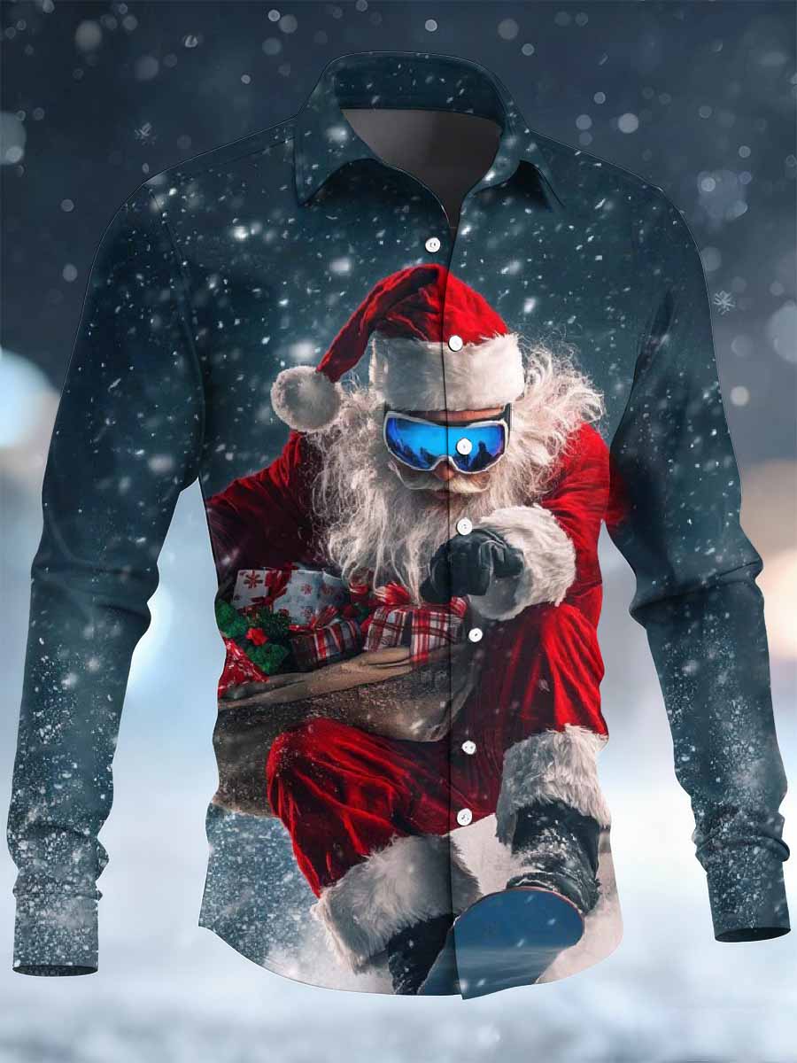 Retro Rock Christmas Santa Print Chemise décontractée à manches longues