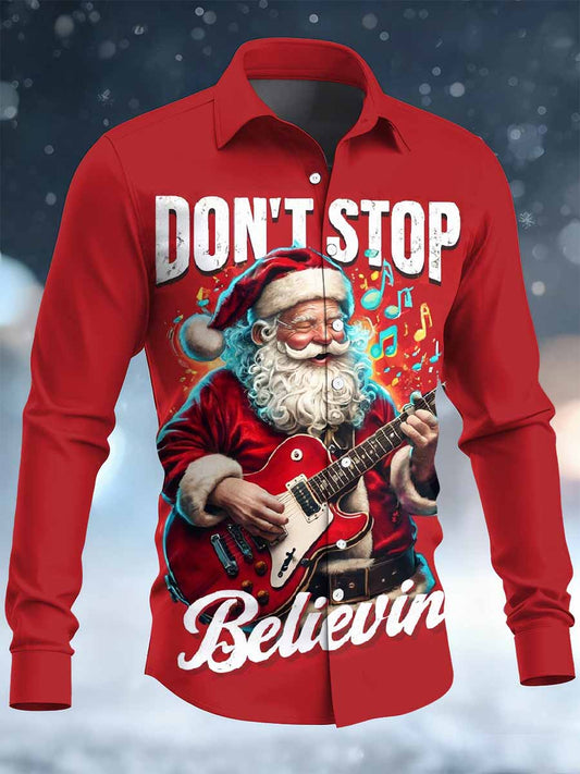 Retro Rock Christmas Santa Print Chemise décontractée à manches longues