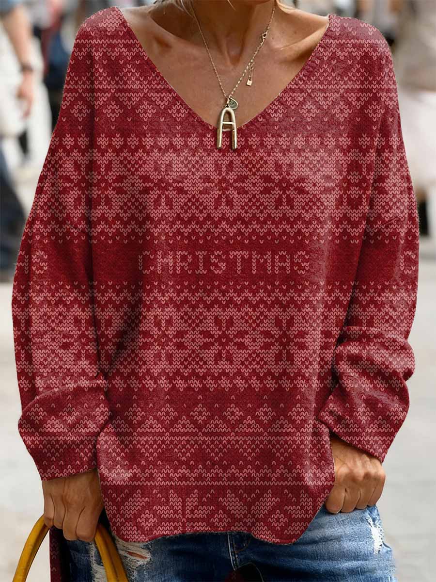 Haut Décontracté Rétro à Manches Longues Imprimé Noël