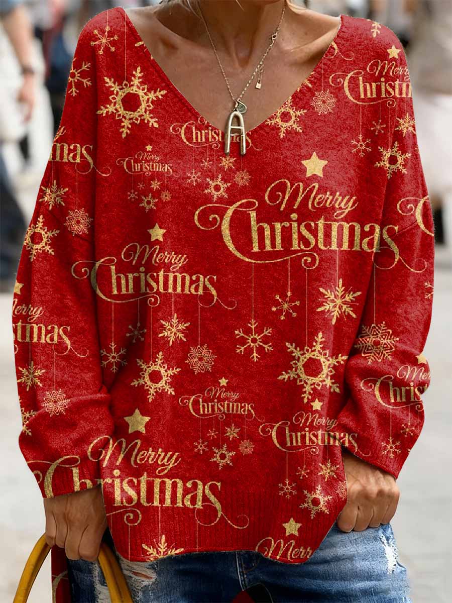 Haut Décontracté Rétro à Manches Longues Imprimé Noël