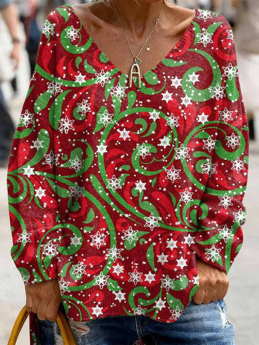 Haut Décontracté Rétro à Manches Longues Imprimé Noël