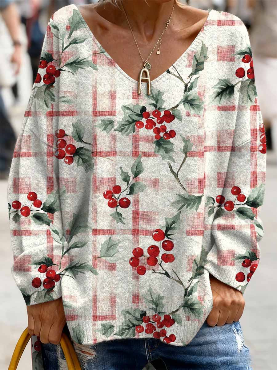 Haut Décontracté Rétro à Manches Longues Imprimé Noël
