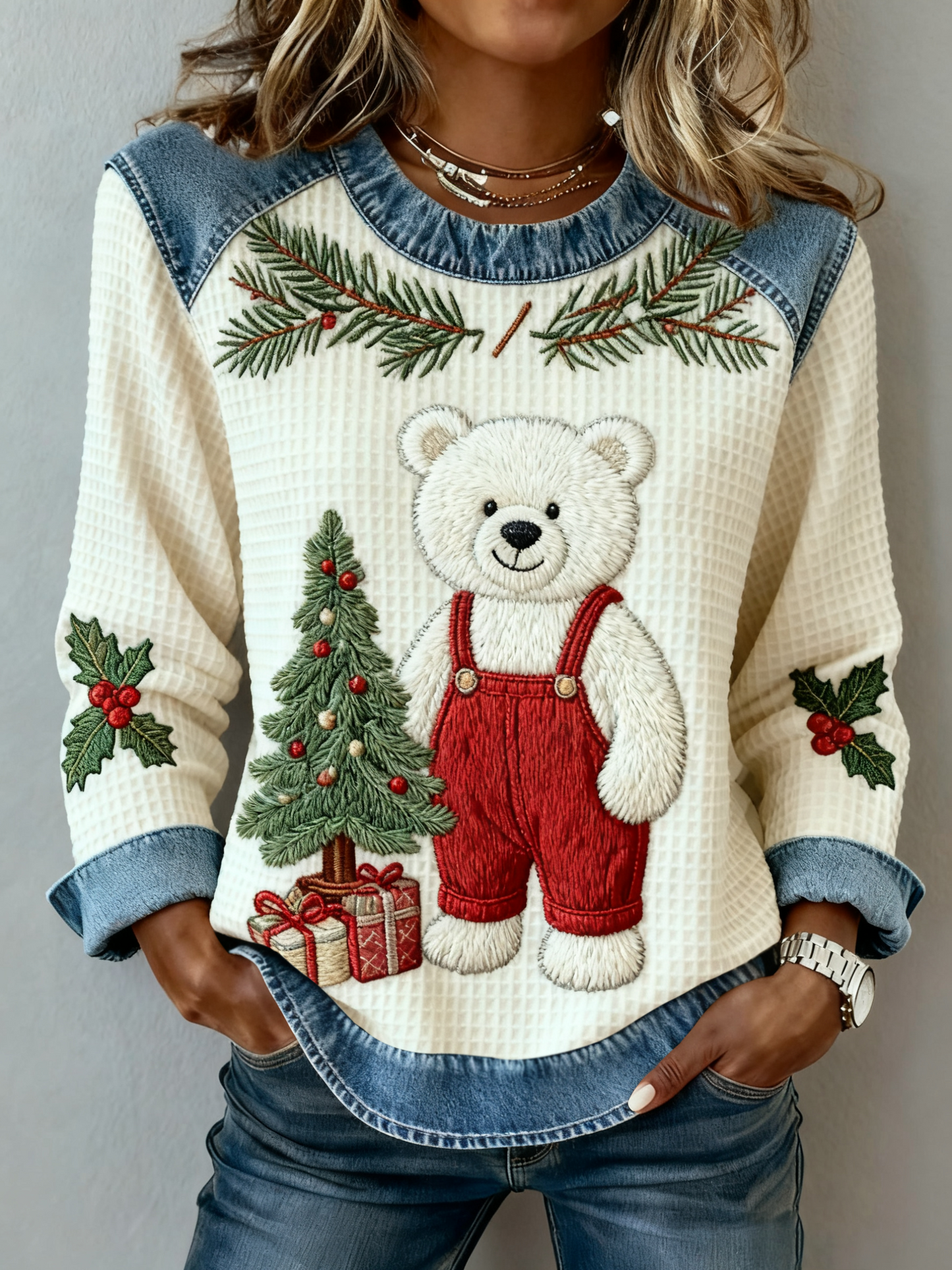 Les femmes de Noël Vintage Ours Arbre Denim Patchwork Sweatshirt