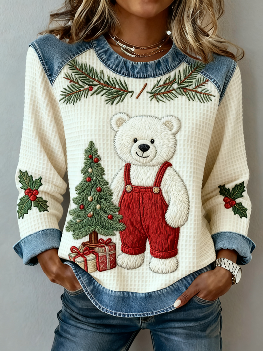 Les femmes de Noël Vintage Ours Arbre Denim Patchwork Sweatshirt