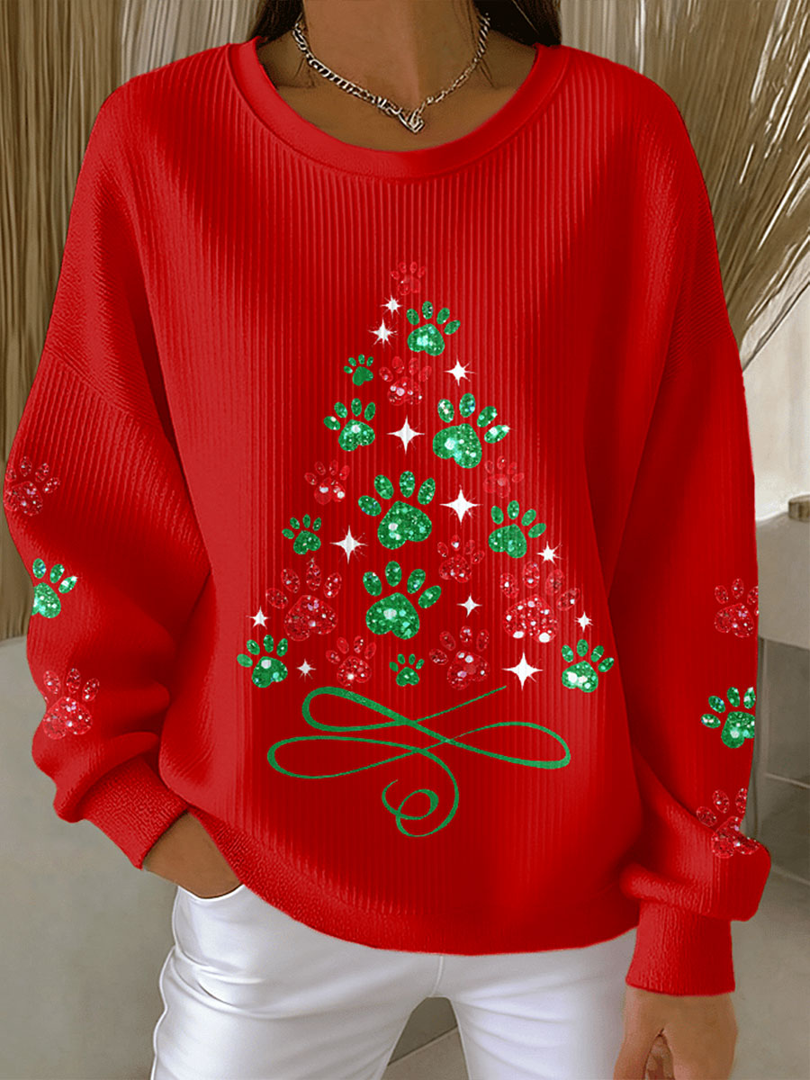 Sweatshirts Femme Arbre de Noël Animal Patte Imprimée