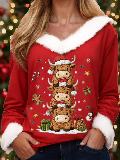 Haut col en fourrure décontracté imprimé vache de Noël High Land pour femmes
